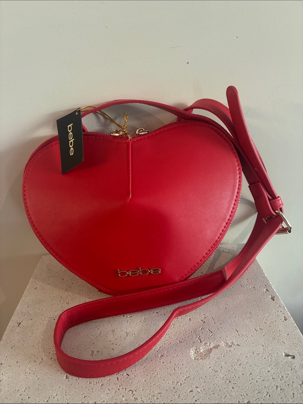 bebe Heart-Shaped Red Crossbody Bag with Gold Logo purse new